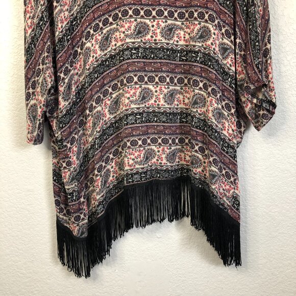 Mauve Paisley Open Long Cardigan Women's L Kimono Sleeve Fringe Hem Boho Hippie - Picture 7 of 8
